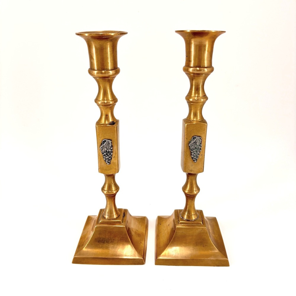 Vintage Brass‎ Candlestick Holders Pair Grape Motif Square Base Tabletop Decor